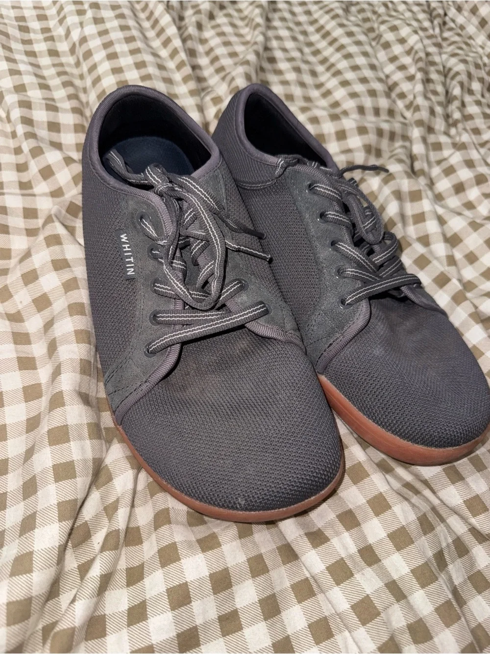 WHITIN Men's Charcoal Gray Knit Lace-Up Sneakers with Brown Sole